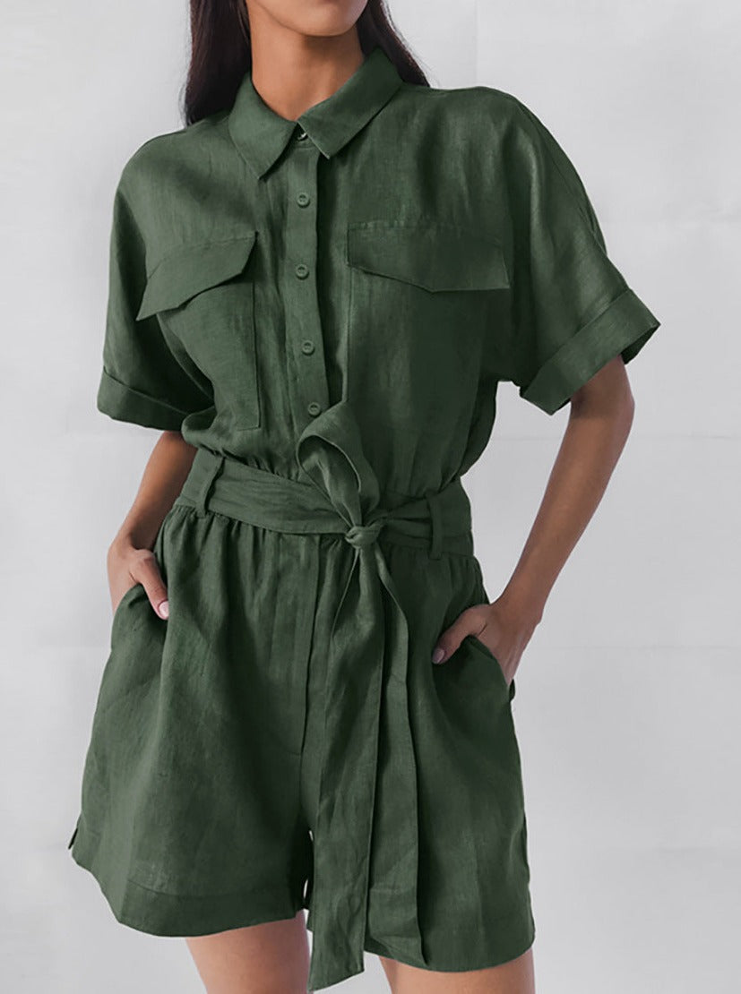 CALORA_ Lace-up veelzijdige short sleeve brede pijpen Jumpsuit