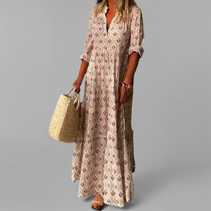 CALORA_ Lange Zomerse Maxi Jurk van Katoen met V-Hals en Vintage Print
