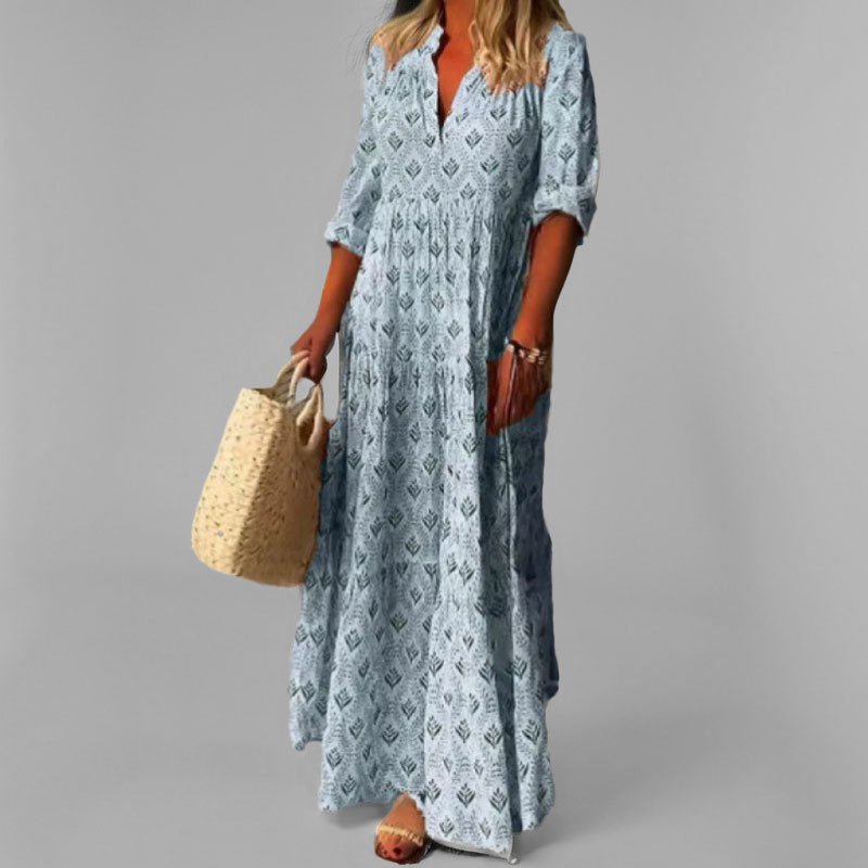 CALORA_ Lange Zomerse Maxi Jurk van Katoen met V-Hals en Vintage Print