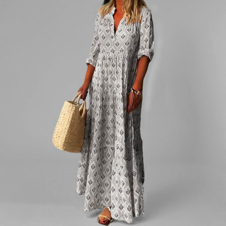 CALORA_ Lange Zomerse Maxi Jurk van Katoen met V-Hals en Vintage Print