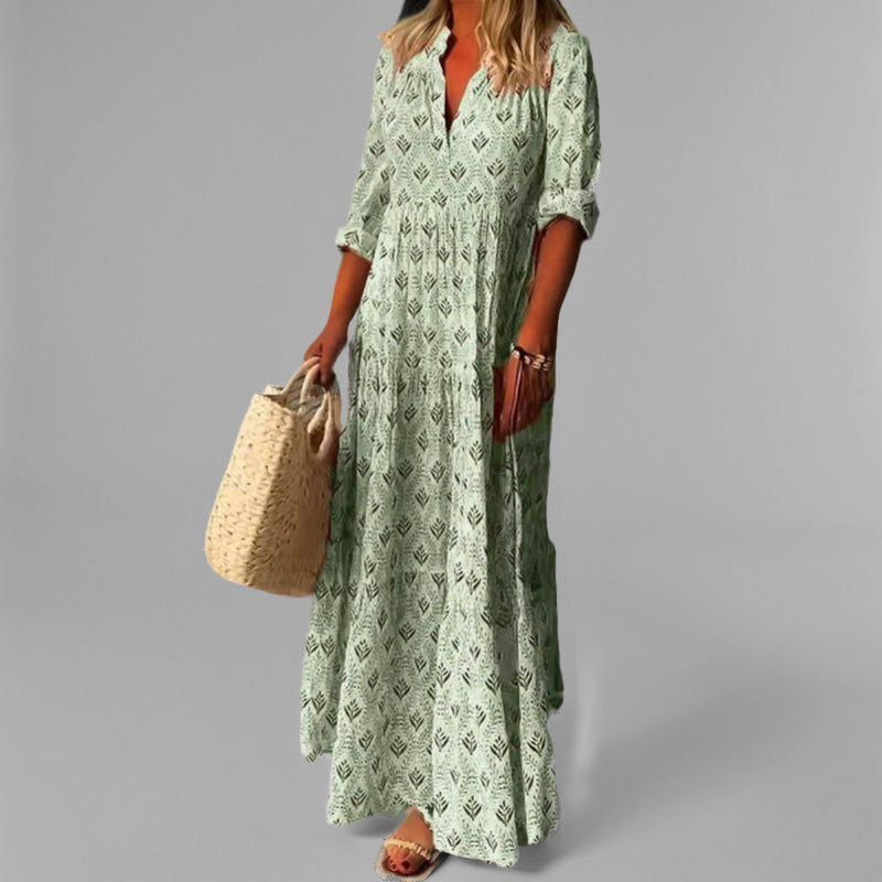 CALORA_ Lange Zomerse Maxi Jurk van Katoen met V-Hals en Vintage Print