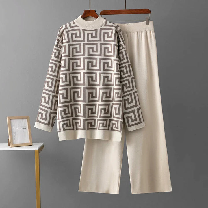 CALORA_ Lente/herfst o-hals jacquard trui en elegante casual losse broek 2 stuks - set