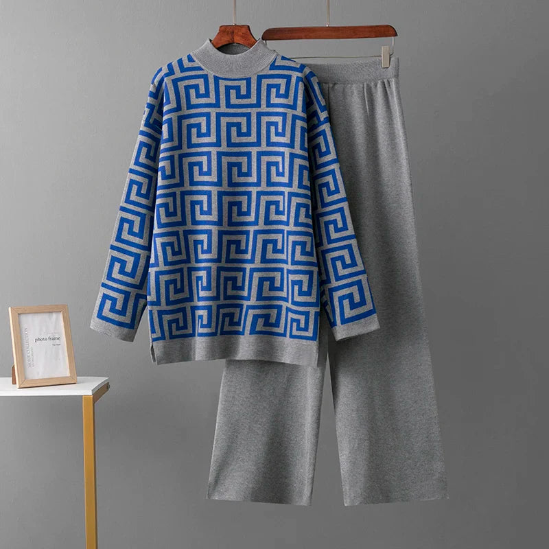 CALORA_ Lente/herfst o-hals jacquard trui en elegante casual losse broek 2 stuks - set