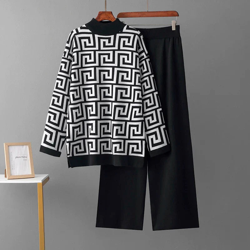 CALORA_ Lente/herfst o-hals jacquard trui en elegante casual losse broek 2 stuks - set