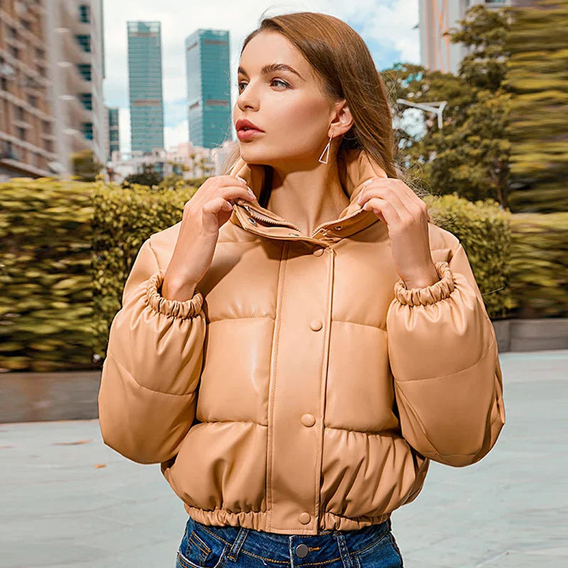 CALORA_ Leny | Elegante dames winter PU leren rits bomberjas