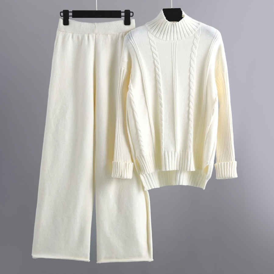 CALORA_ Linn | Set van coltrui en wijde gebreide broek voor dames