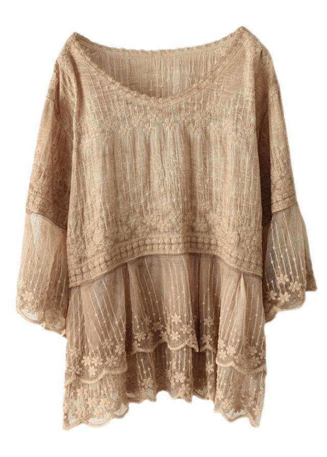CALORA_ Losse O-hals geborduurde patchwork zomerhemd halve mouw