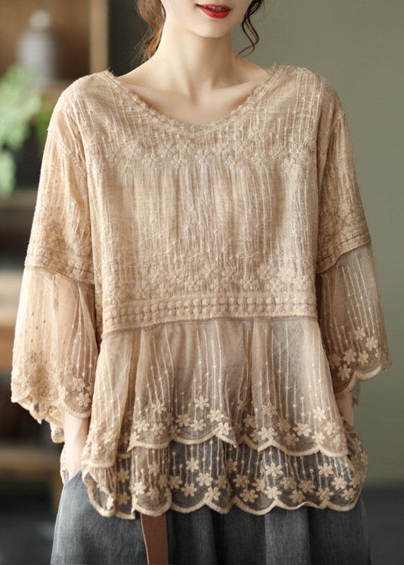 CALORA_ Losse O-hals geborduurde patchwork zomerhemd halve mouw