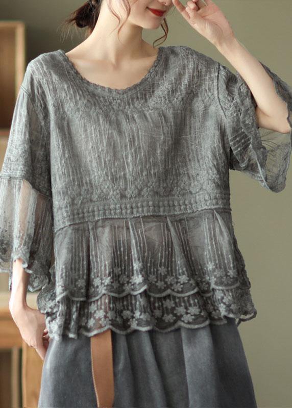 CALORA_ Losse O-hals geborduurde patchwork zomerhemd halve mouw