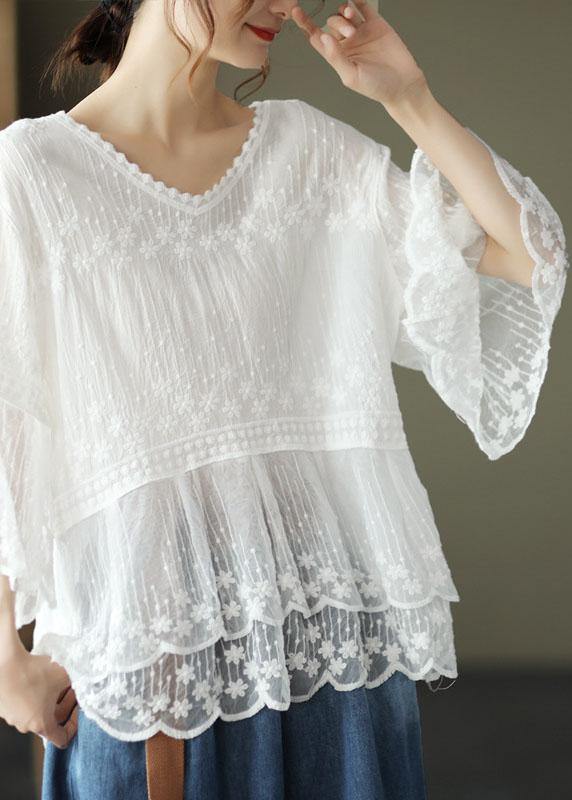 CALORA_ Losse O-hals geborduurde patchwork zomerhemd halve mouw
