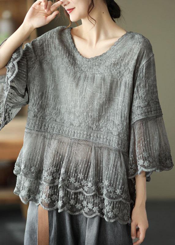 CALORA_ Losse O-hals geborduurde patchwork zomerhemd halve mouw