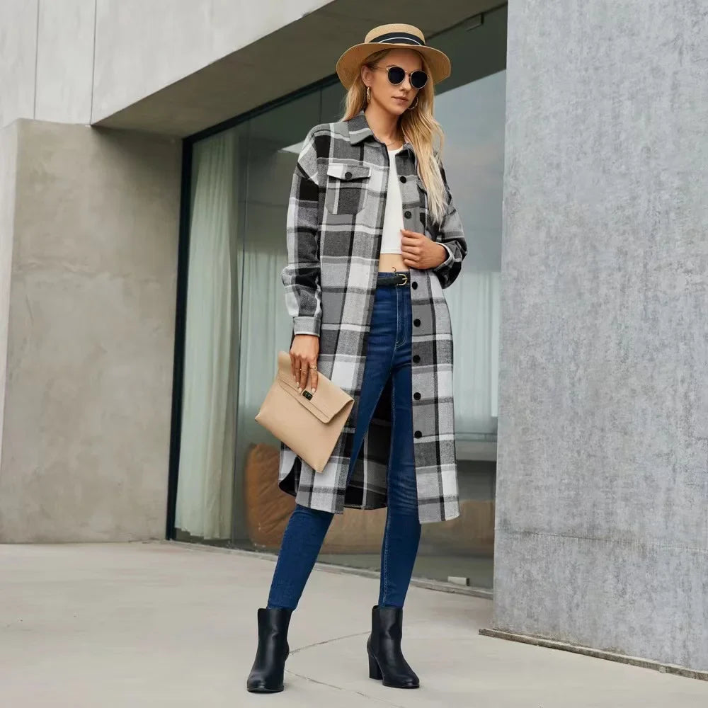 CALORA_ Louise | Dames geruite trenchcoat met zijsplitten en zakken