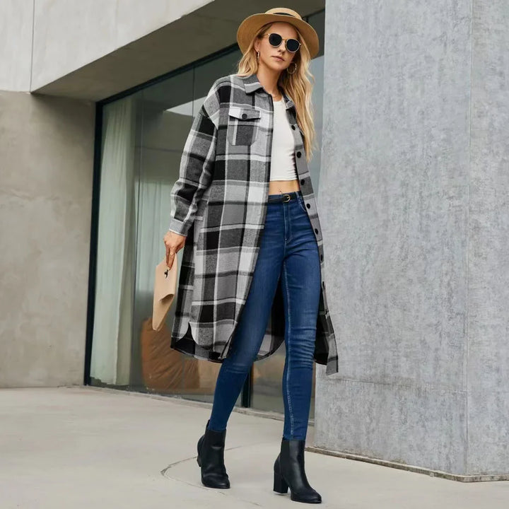 CALORA_ Louise | Dames geruite trenchcoat met zijsplitten en zakken