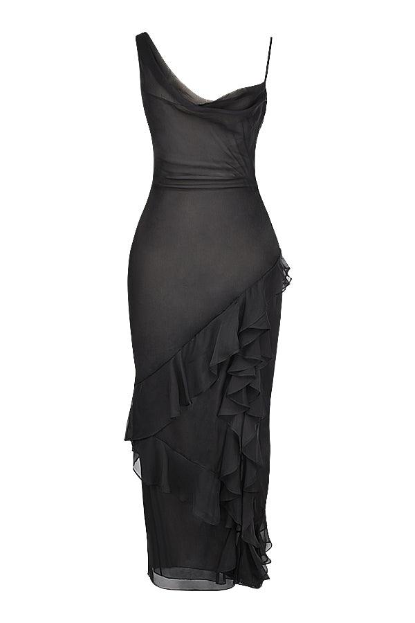 CALORA_ Luxe Zwarte maxi Jurk met ruches