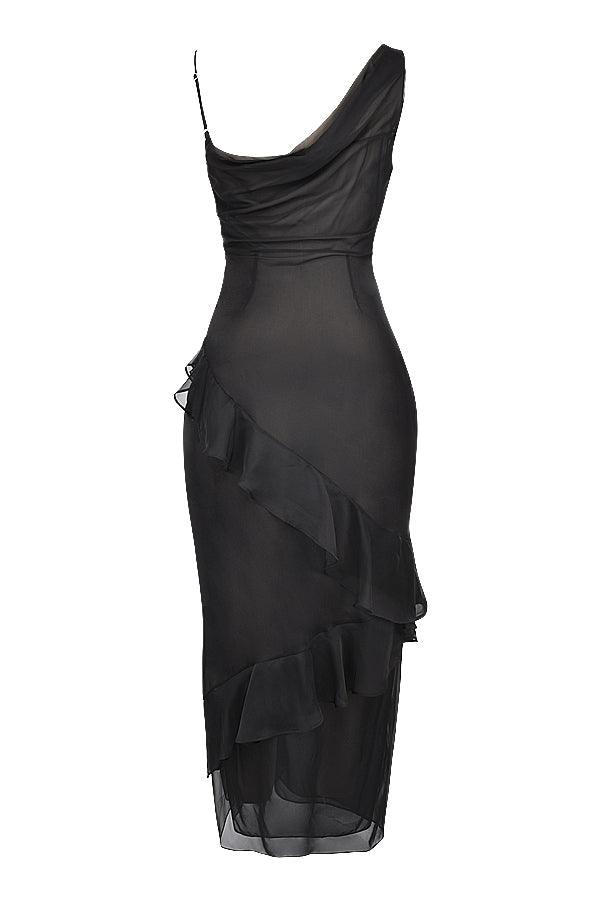 CALORA_ Luxe Zwarte maxi Jurk met ruches