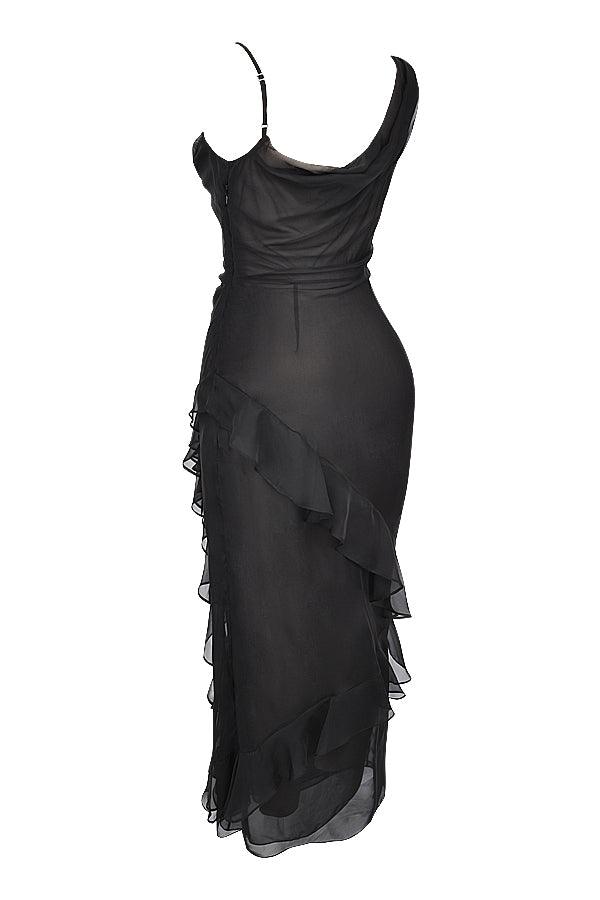 CALORA_ Luxe Zwarte maxi Jurk met ruches