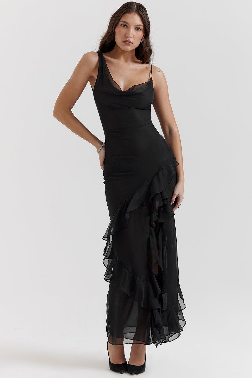 CALORA_ Luxe Zwarte maxi Jurk met ruches