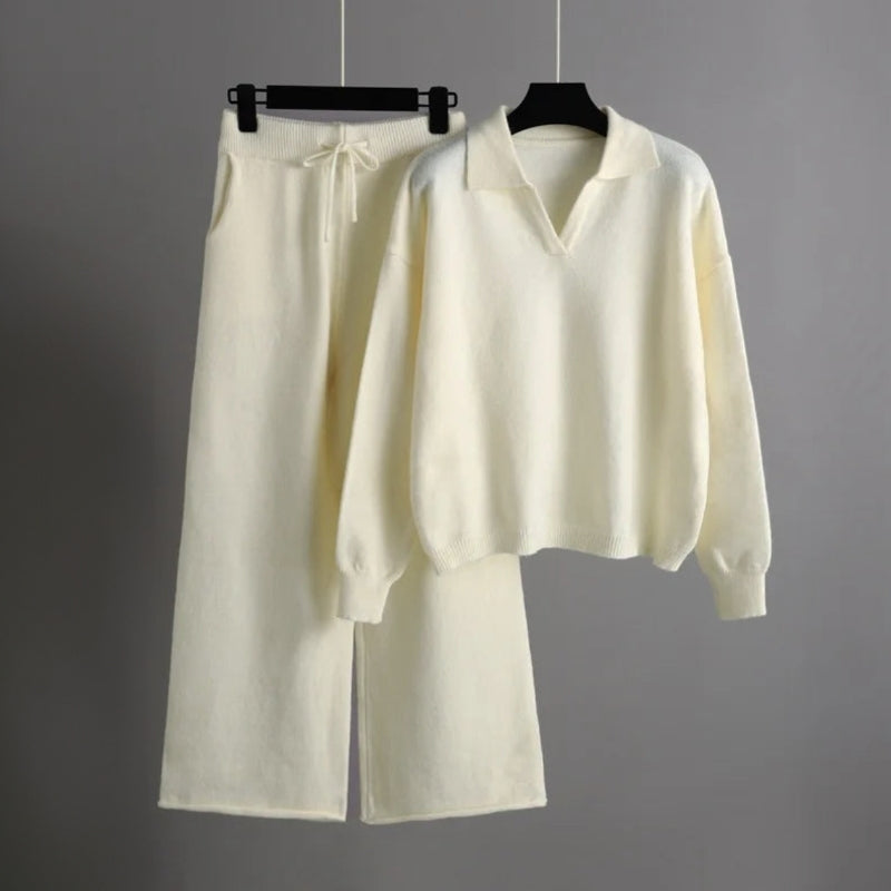 CALORA_ Manon | Dames losse gebreide coltrui set met wijde broek