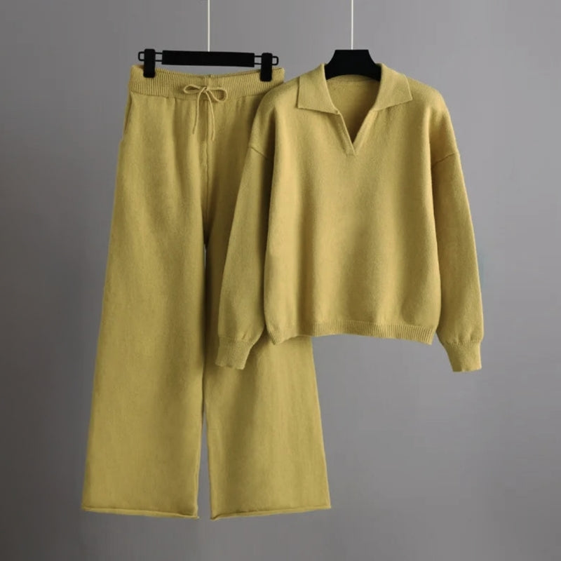 CALORA_ Manon | Dames losse gebreide coltrui set met wijde broek