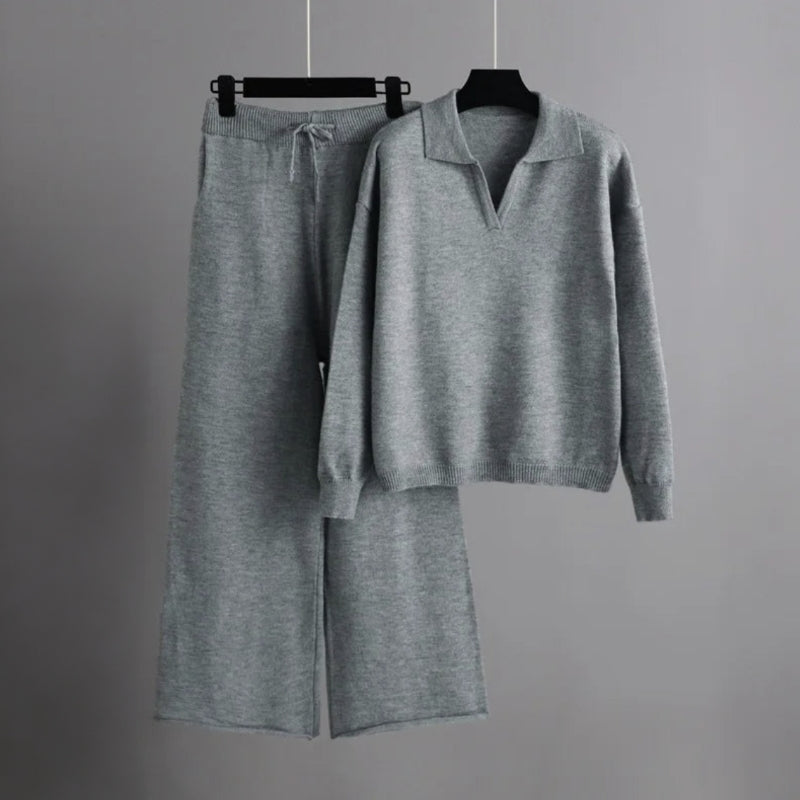 CALORA_ Manon | Dames losse gebreide coltrui set met wijde broek