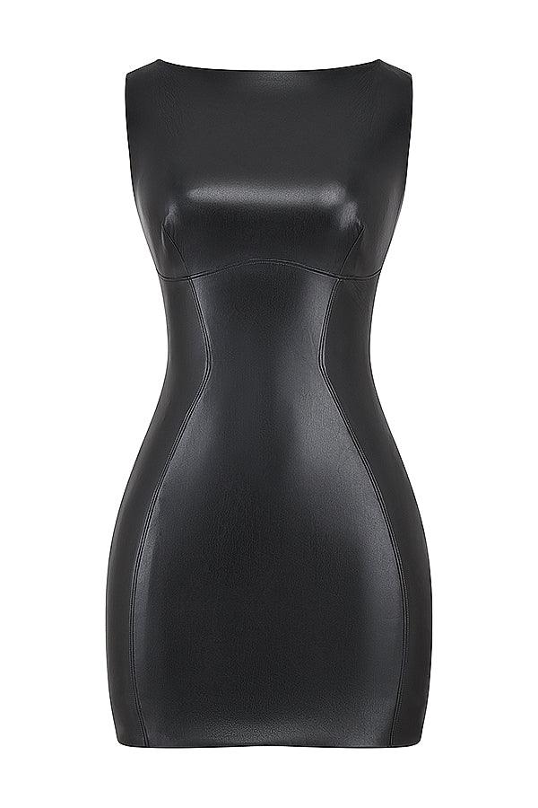 CALORA_ Mencía | Zwart Vegan Leren mini Jurk