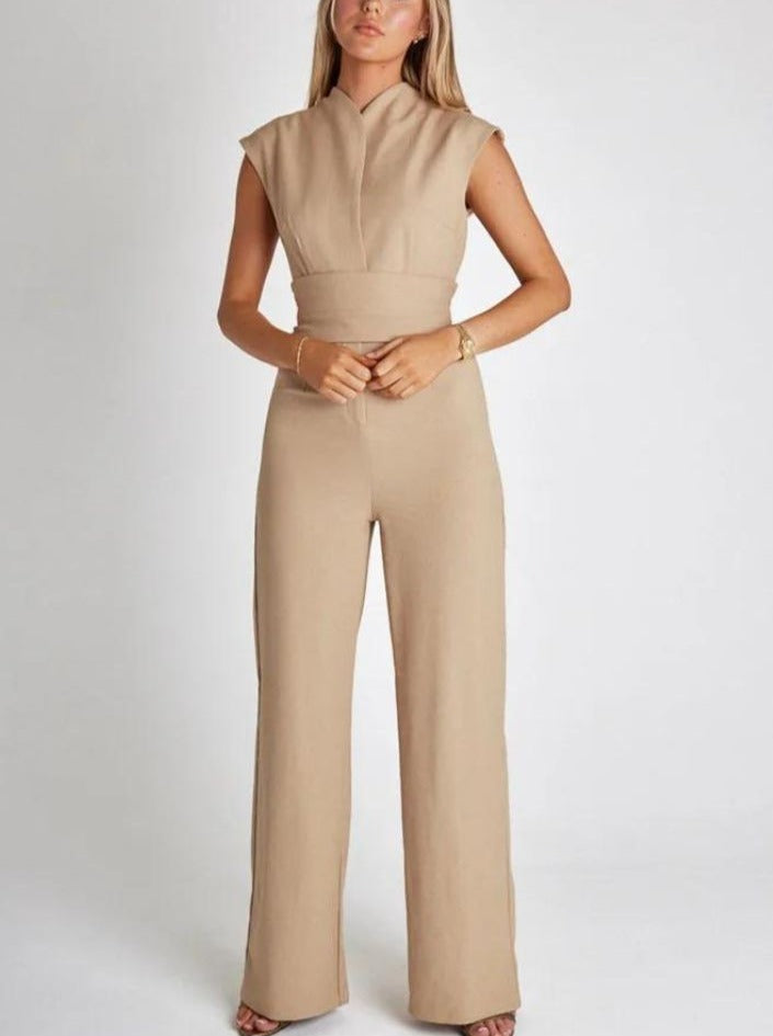 CALORA_ Mouwloze Jumpsuit met Tailleband en Wijde Pijpen