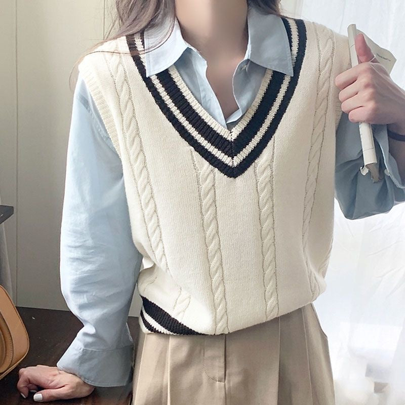 CALORA_ Mouwloze V-hals College Trui Dames Vest met Kabelbreisel Details