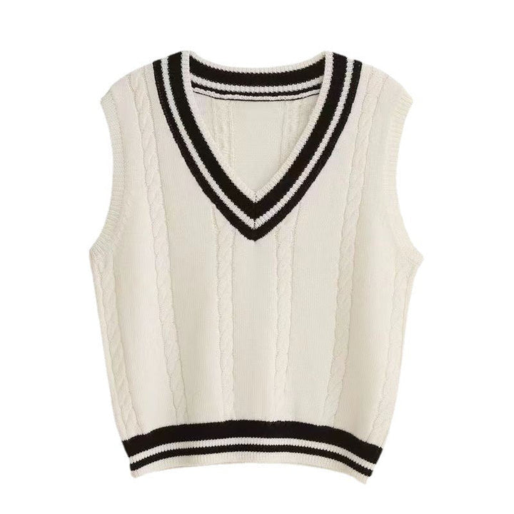 CALORA_ Mouwloze V-hals College Trui Dames Vest met Kabelbreisel Details