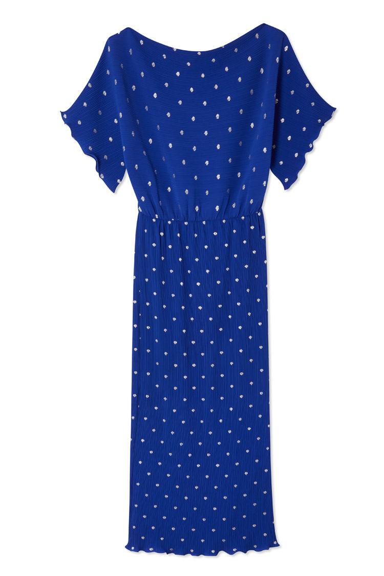 CALORA_ Off Shoulder Plissé Maxi Jurk Kobaltblauw Zilveren Stippen