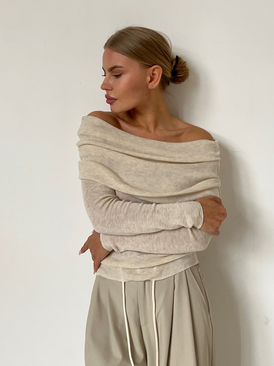 CALORA_ Off-shoulder Slanke Trui met Lange Mouwen en Effen Kleur
