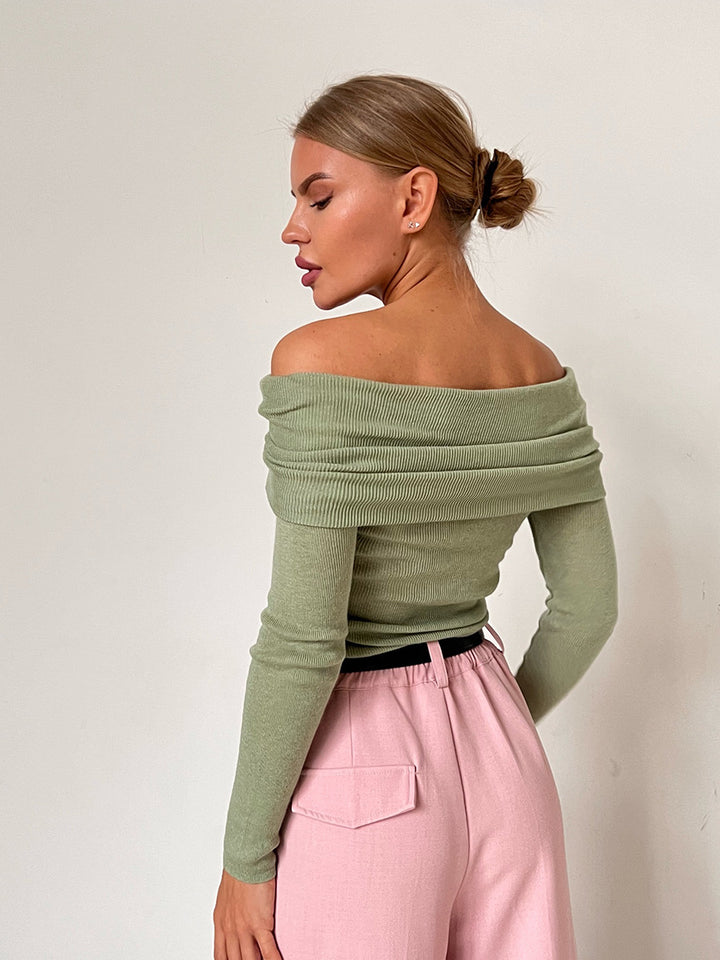 CALORA_ Off-shoulder Slanke Trui met Lange Mouwen en Effen Kleur