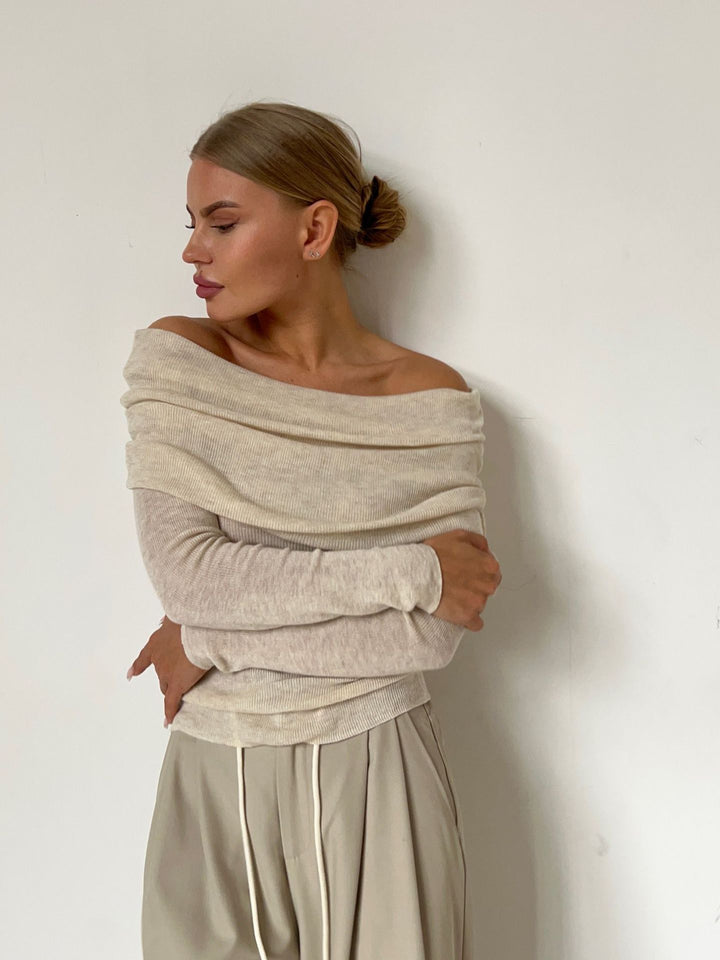 CALORA_ Off-shoulder Slanke Trui met Lange Mouwen en Effen Kleur