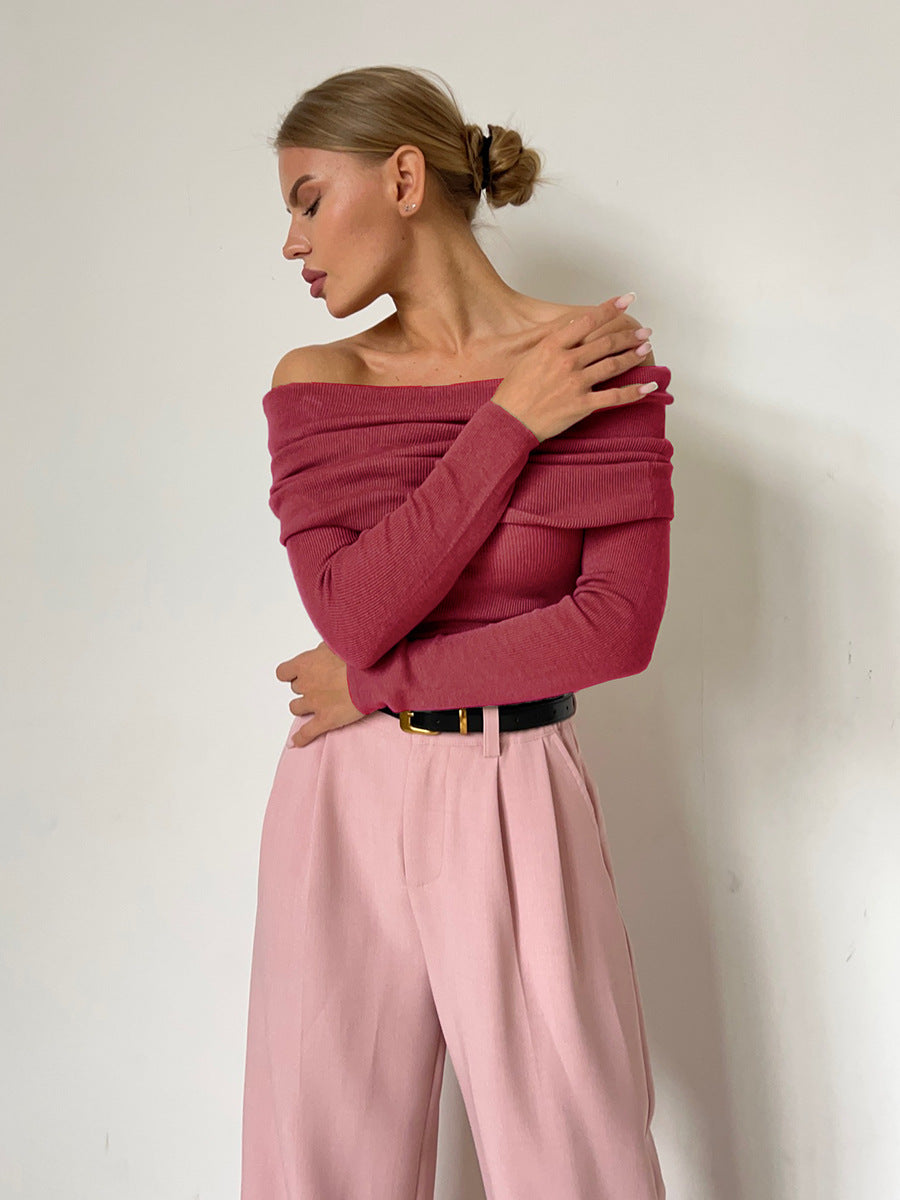 CALORA_ Off-shoulder Slanke Trui met Lange Mouwen en Effen Kleur