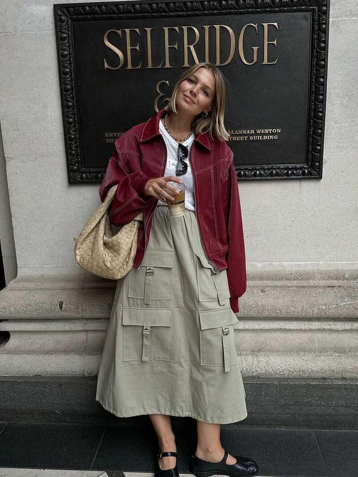 CALORA_ Oversized Vegan Leren Bomberjack in Rood met Witte Stiksels