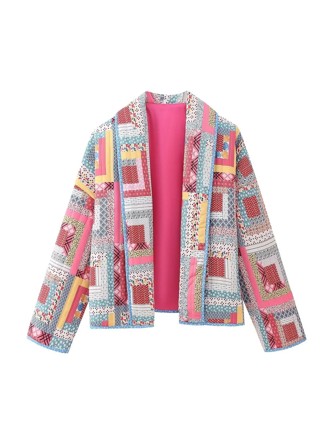 CALORA_ Patchwork Gequiltede Jas met Open Voorkant en Vrolijke Kleuren