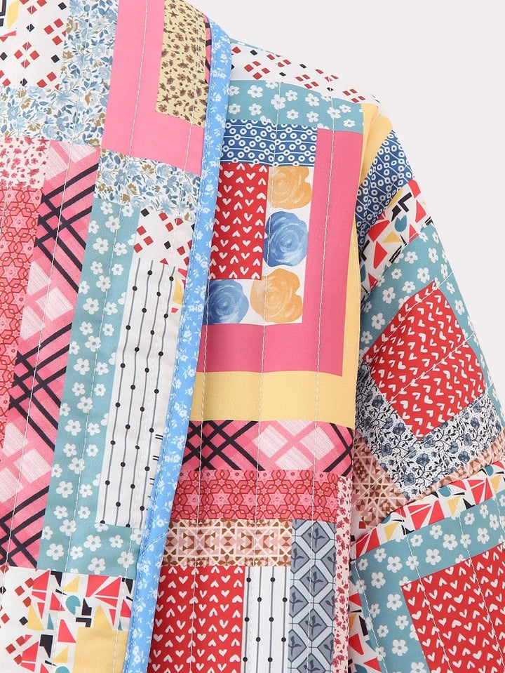 CALORA_ Patchwork Gequiltede Jas met Open Voorkant en Vrolijke Kleuren