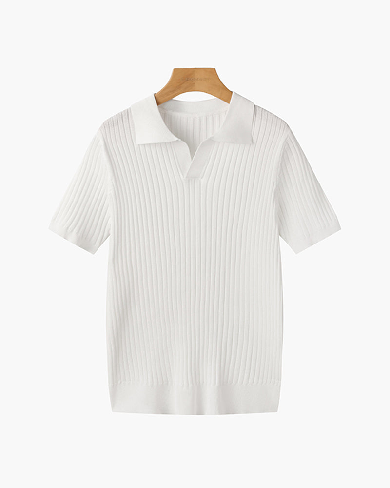 CALORA_ Polo Met V Hals Katoenmix Korte Mouwen En Ribstructuur