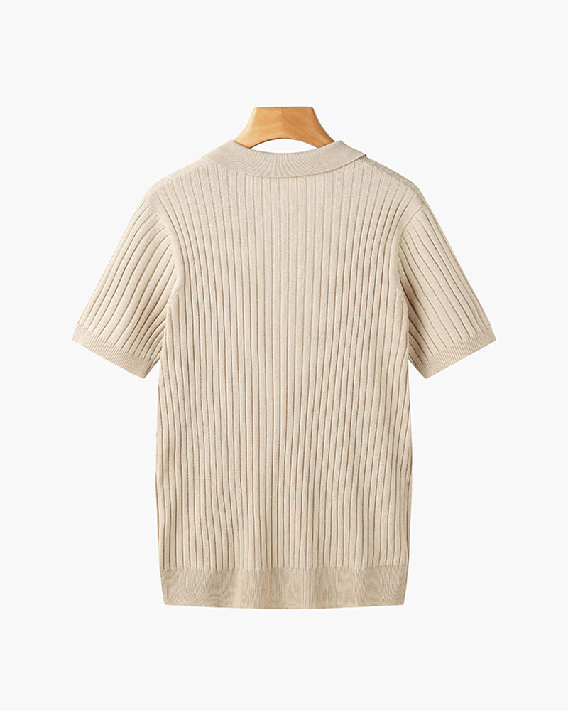 CALORA_ Polo Met V Hals Katoenmix Korte Mouwen En Ribstructuur