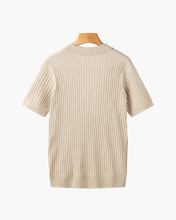 CALORA_ Polo Met V Hals Katoenmix Korte Mouwen En Ribstructuur