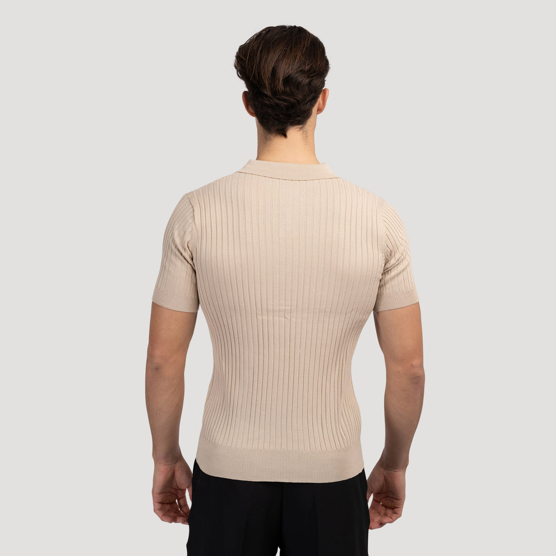 CALORA_ Polo Met V Hals Katoenmix Korte Mouwen En Ribstructuur