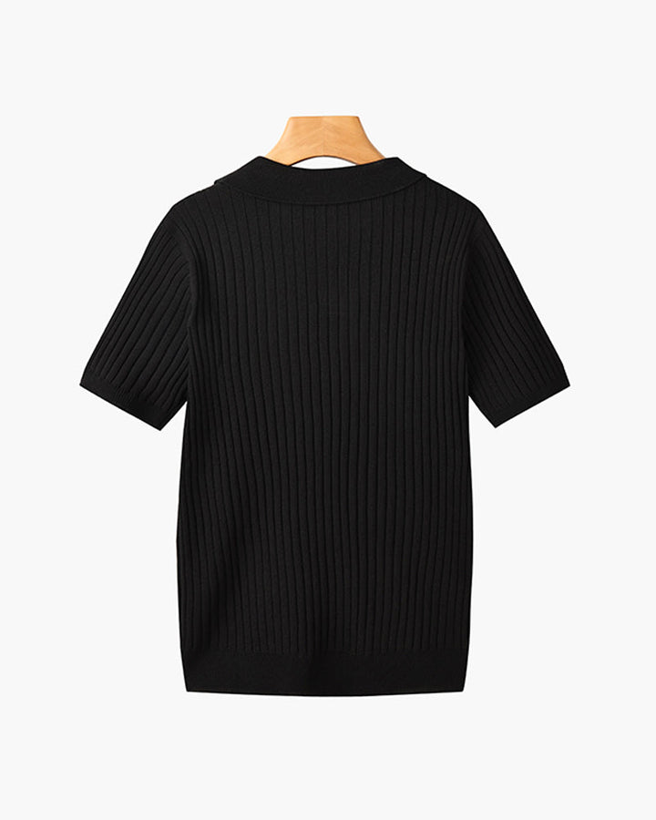 CALORA_ Polo Met V Hals Katoenmix Korte Mouwen En Ribstructuur