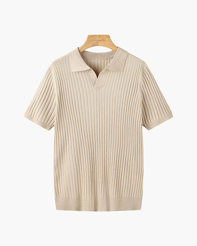 CALORA_ Polo Met V Hals Katoenmix Korte Mouwen En Ribstructuur