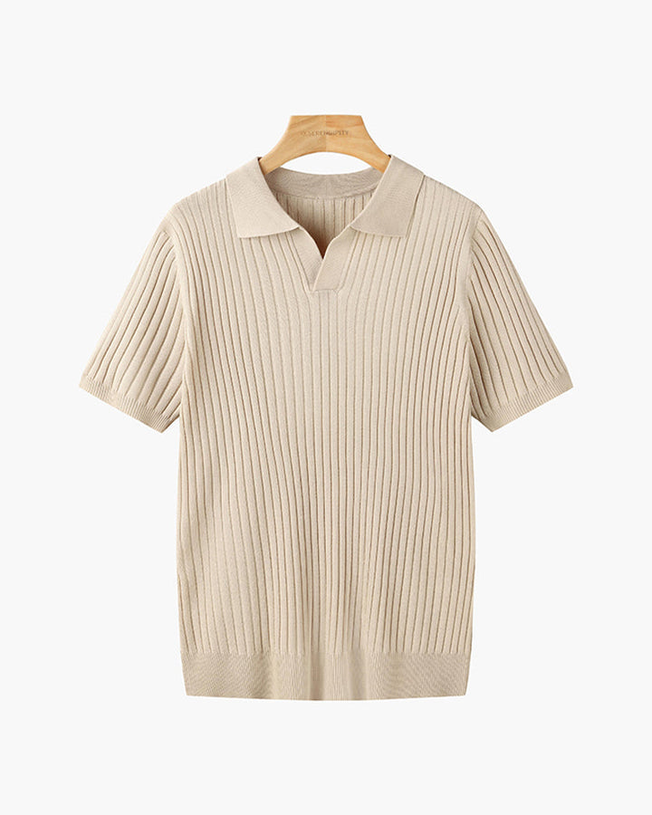 CALORA_ Polo Met V Hals Katoenmix Korte Mouwen En Ribstructuur