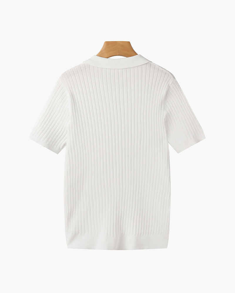 CALORA_ Polo Met V Hals Katoenmix Korte Mouwen En Ribstructuur