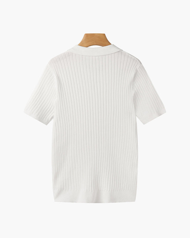 CALORA_ Polo Met V Hals Katoenmix Korte Mouwen En Ribstructuur