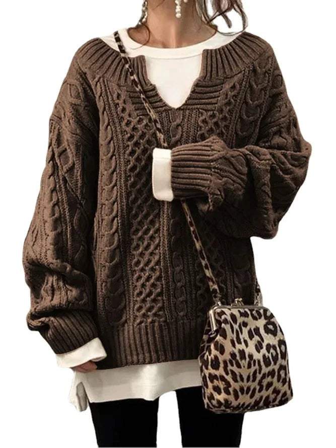 CALORA_ Retro gebreide V-hals trui met gedraaid patroon voor dames
