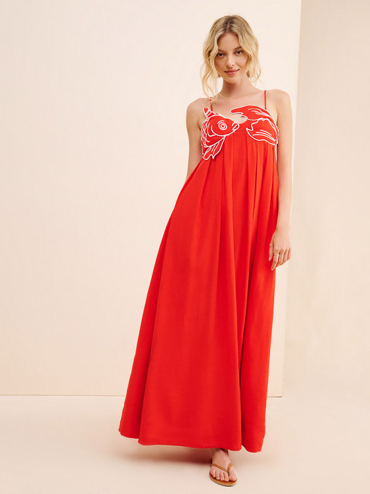 CALORA_ Rode Maxi Jurk Met Visprint En Asymmetrische Top Voor Zomer
