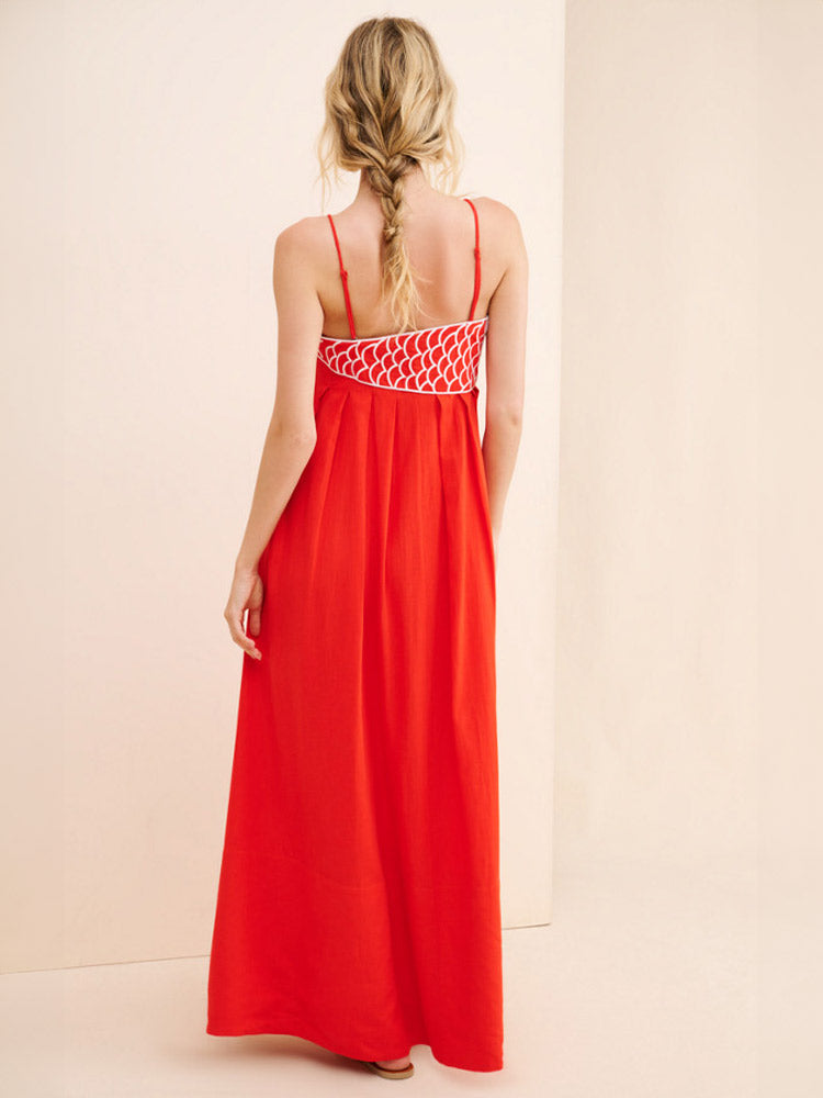 CALORA_ Rode Maxi Jurk Met Visprint En Asymmetrische Top Voor Zomer
