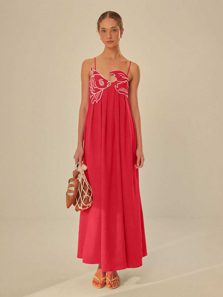 CALORA_ Rode Maxi Jurk Met Visprint En Asymmetrische Top Voor Zomer