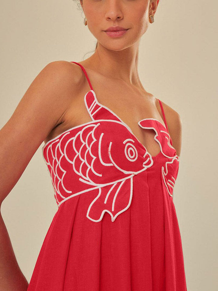 CALORA_ Rode Maxi Jurk Met Visprint En Asymmetrische Top Voor Zomer